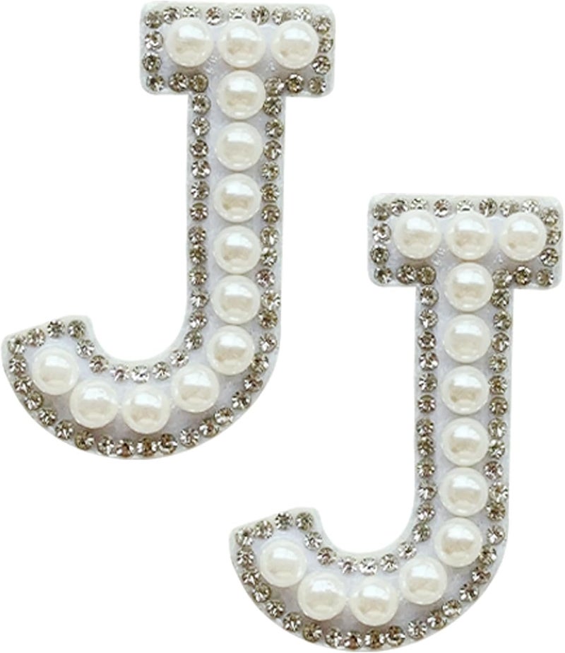 SOYCEV 2PCS White Pearl Iron on Rhinestone Sequin Sparkly Letter Patches for Backpacks Clothing (J) - Image 1